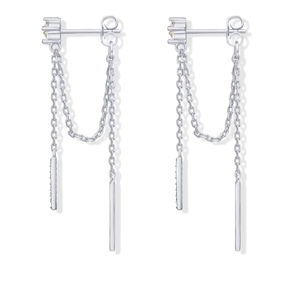 18K Gold Plated Sterling Silver Posts Drop Dangle Chain CZ Earrings White Gold